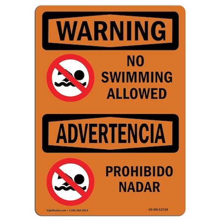 Signmission Safety Sign, OSHA WARNING, 7" Height, Aluminum, No Swimming Allowed Bilingual, Landscape OS-WS-A-710-L-12718